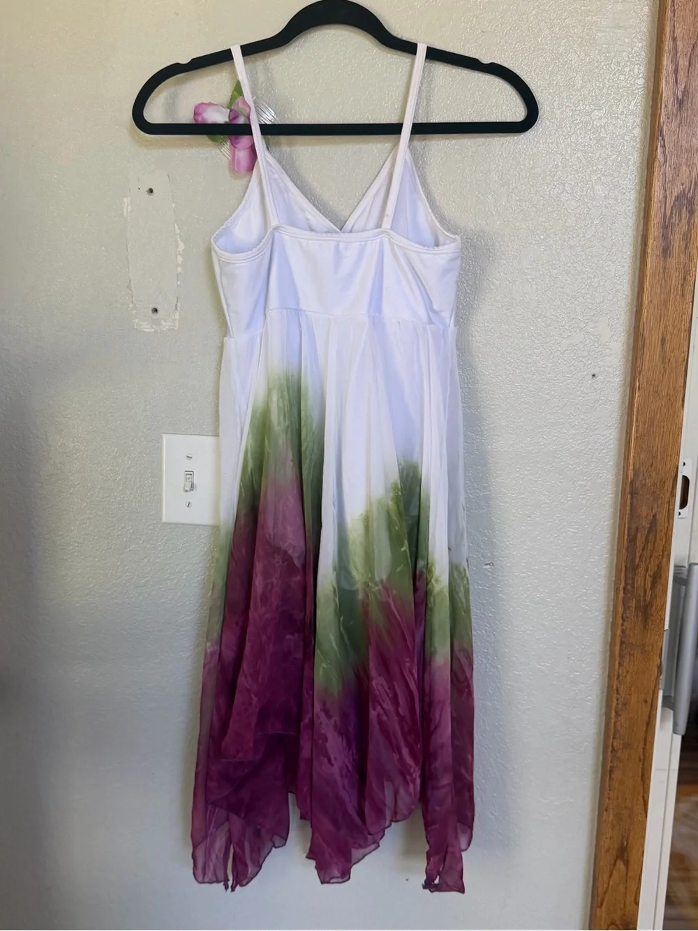 White Spaghetti-Strap Tie-Dye Maxi Dress with Green & Purple Ombre